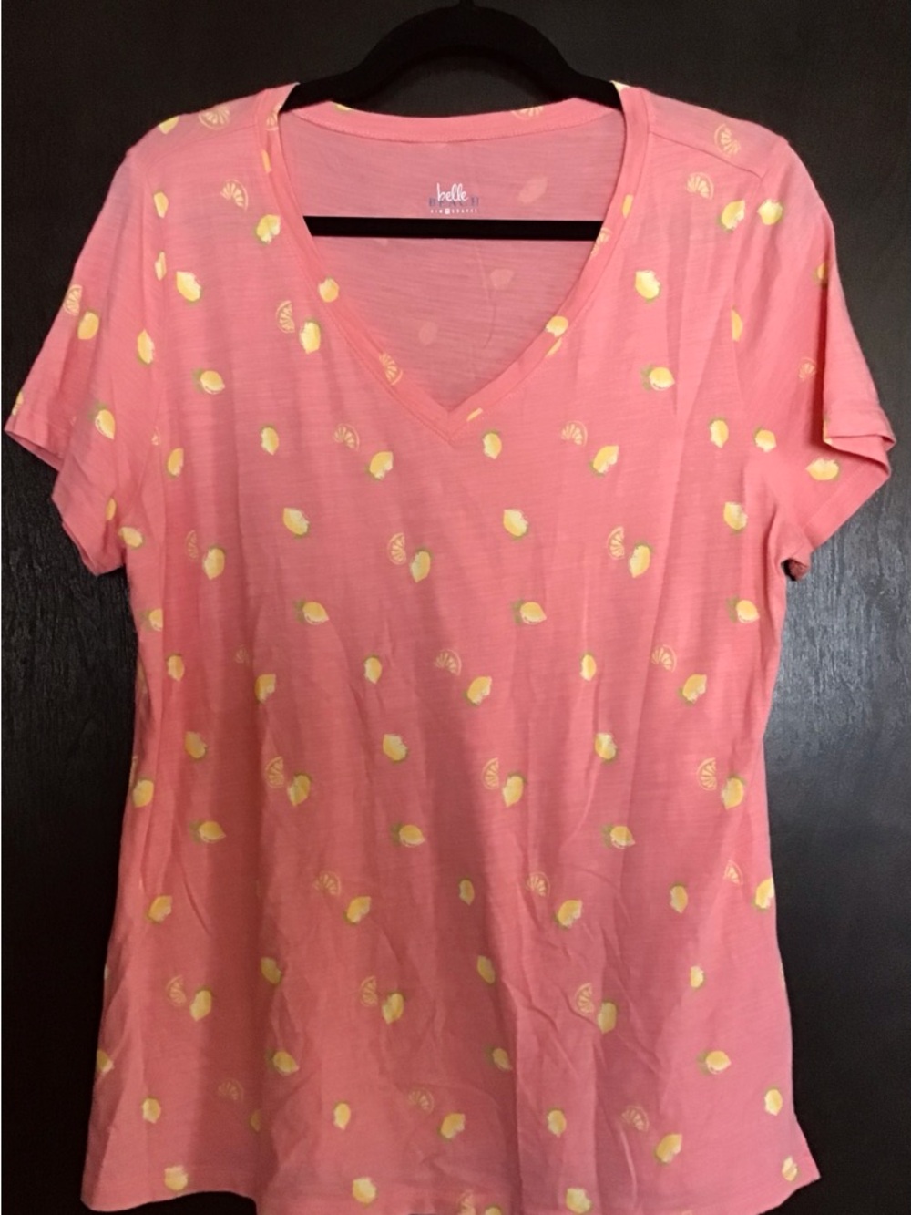 Belle by Kim Gravel Coral V-Neck Short Sleeve Tee with Yellow Lemon Print